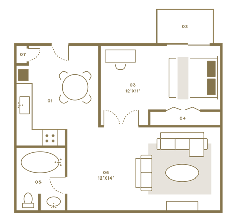Floor plan for 1 bed, 1 bath, 735 sqft